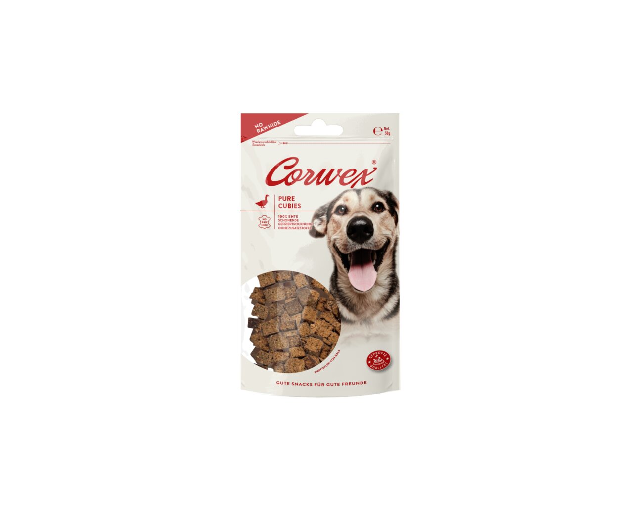 Corwex Pure Cubies für Hunde, Geschmacksrichtung Ente, ohne Rohhaut, 100 g, ideale Snacks für gute Freunde.