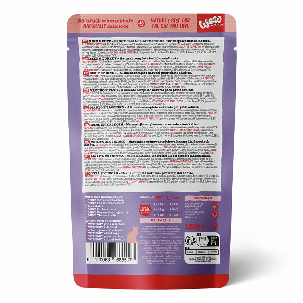WOW CAT – Rind & Pute, Alleinfutter f. erw. Katzen, 125 g, ohne Getreide, Zuckerzusatz, künstl. Farb- & Konservierungsstoffe.