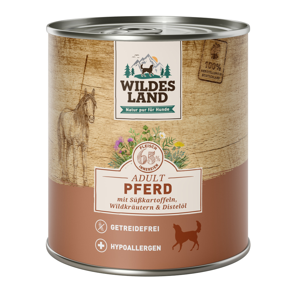 Wildes Land Hundefutter Adult, Pferd, mit Süßkartoffeln, Wildkräutern & Distelöl, getreidefrei, hypoallergen, 65 % Fleisch/Innereien.