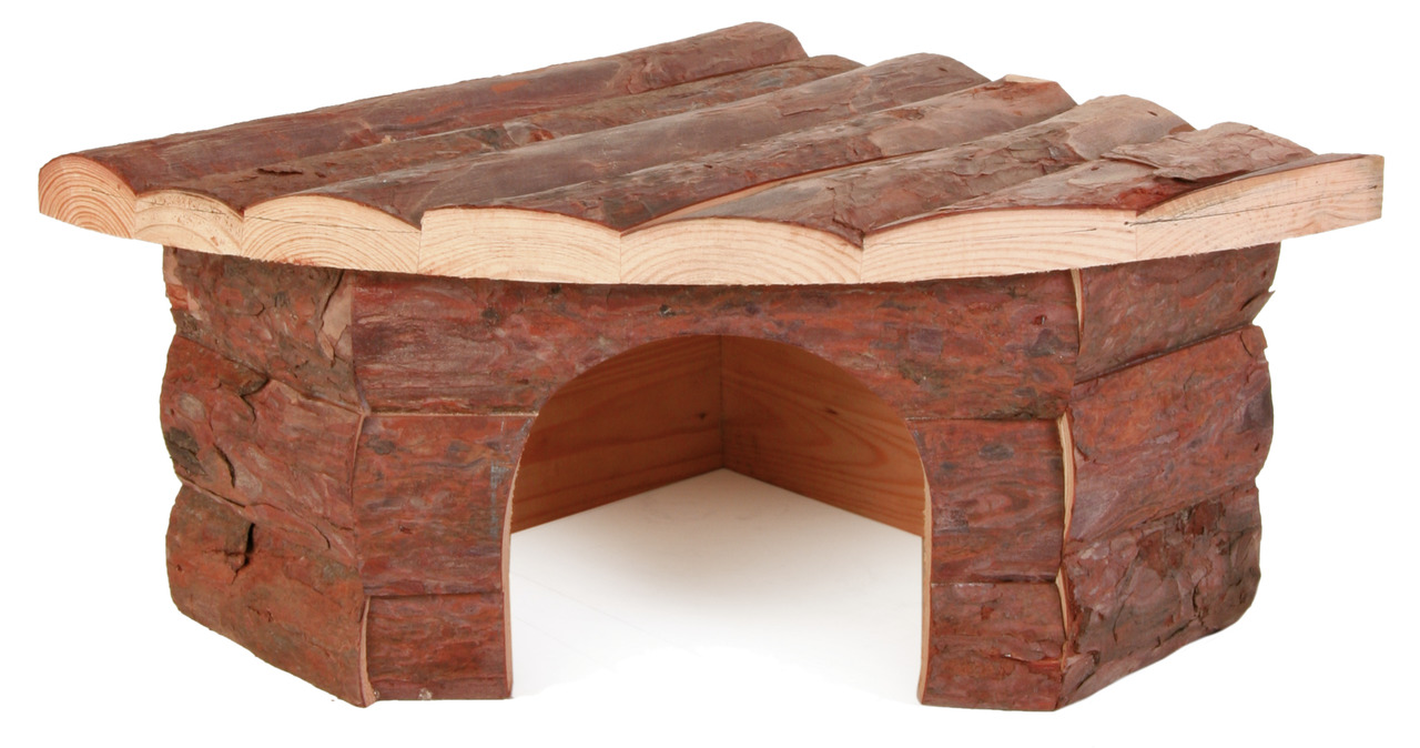 Das Bild zeigt das TRIXIE Naturhaus für Kleintiere, geeignet für Nager wie Kaninchen oder Meerschweinchen. Es besteht aus unbehandeltem Holz mit einer natürlichen Rindenoptik und bietet einen geschützten Rückzugsort. Die robuste Konstruktion und das gewöl
