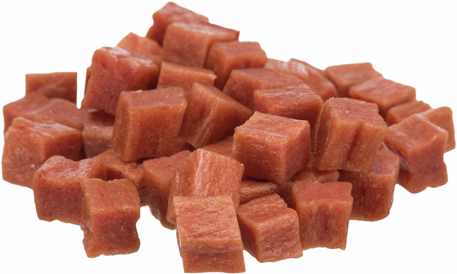 Auf dem Bild sind TRIXIE Premio Leberwurst-Happen für Hunde zu sehen. Die kleinen, würfelförmigen Snacks sind speziell für Hunde entwickelt und bestehen aus einer schmackhaften Leberwurst-Rezeptur. Sie eignen sich ideal als Belohnung oder Trainingssnack. 