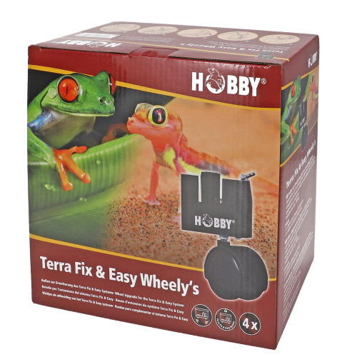 Das Bild zeigt die Verpackung des Produkts "HOBBY Terra Fix & Easy Wheely's", ein Zubehör für Terrarien. Es richtet sich an Reptilienhalter und dient zur sicheren Befestigung von Terrarienabdeckungen. Die Verpackung zeigt zwei bunte Frösche und enthält 4 