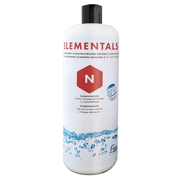 Das Bild zeigt eine weiße Flasche des Produkts "ELEMENTALS | N" der Marke Fauna Marin. Es handelt sich um eine konzentrierte Stickstofflösung für Meerwasseraquarien, die sicher und präzise Stickstoffmängel ausgleicht. Die Flasche hat ein Fassungsvermögen 