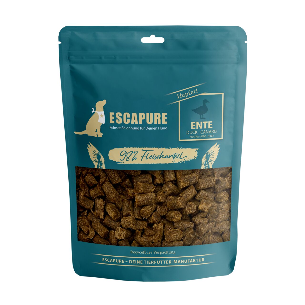 ESCAPURE Hupferl Ente für Hunde, 98% Fleischanteil, Geschmacksrichtung Ente, recycelbare Verpackung, 125 g.