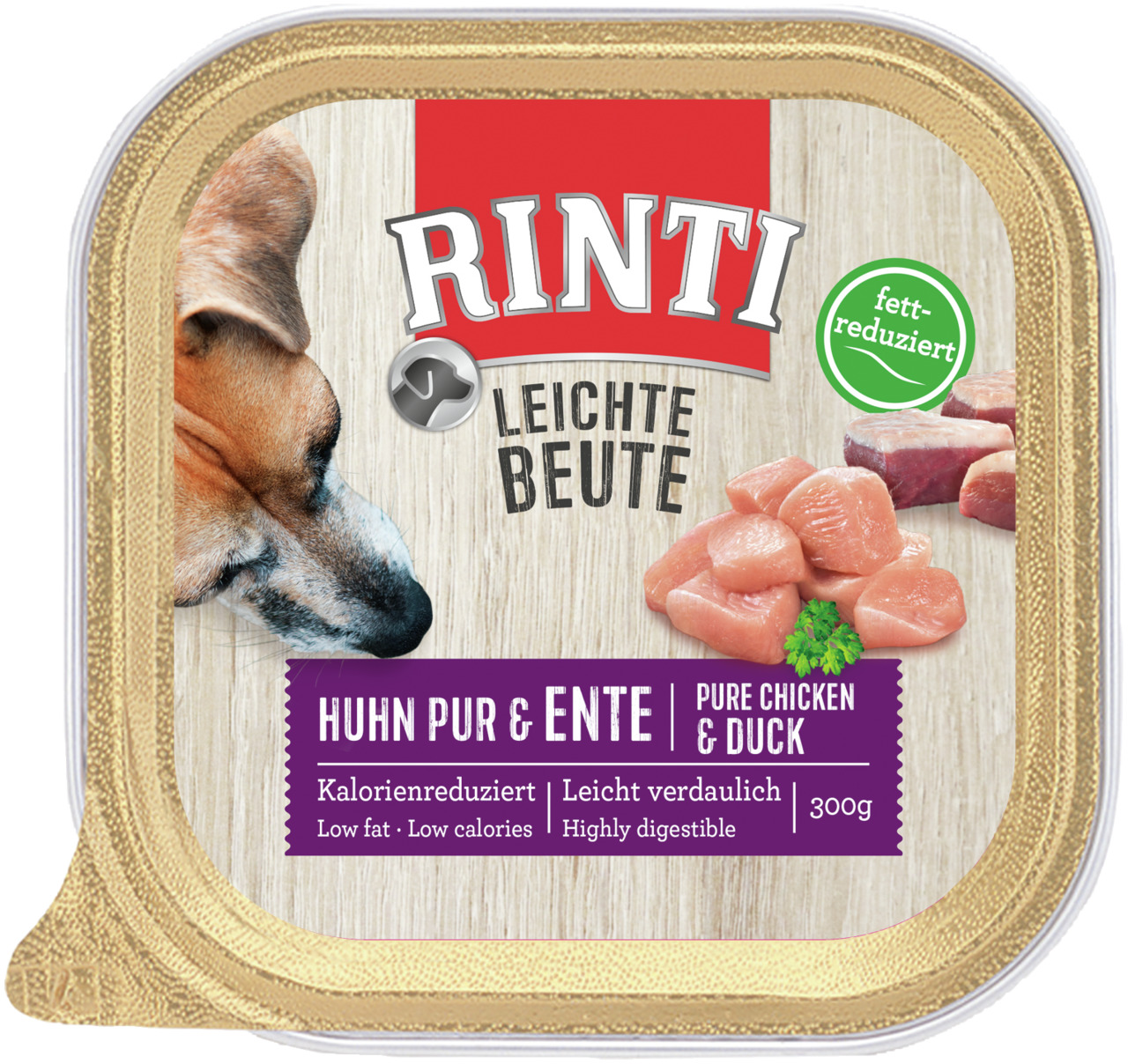 RINTI Leichte Beute Huhn pur & Ente, für Hunde, fettarm & leicht verdaulich, 300 g, goldfarbene Verpackung mit Hundekopf.
