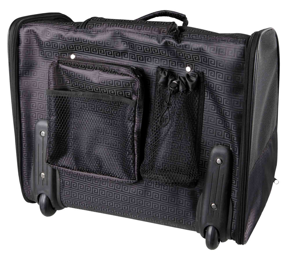 TRIXIE Trolley-Tasche f. Hunde/Katzen, schwarz, geometr. Muster, Rollen+Griff, Netztaschen, ideal f. Reisen/Tierarztbesuche.