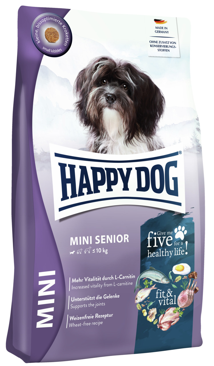 HAPPY DOG Mini Senior, Hundefutter f. kl. Hunde bis 10 kg, Geschm.: fit & vital (Fisch, Ei, Geflügel), weizenfrei, 4 kg, mit L-Carnitin.