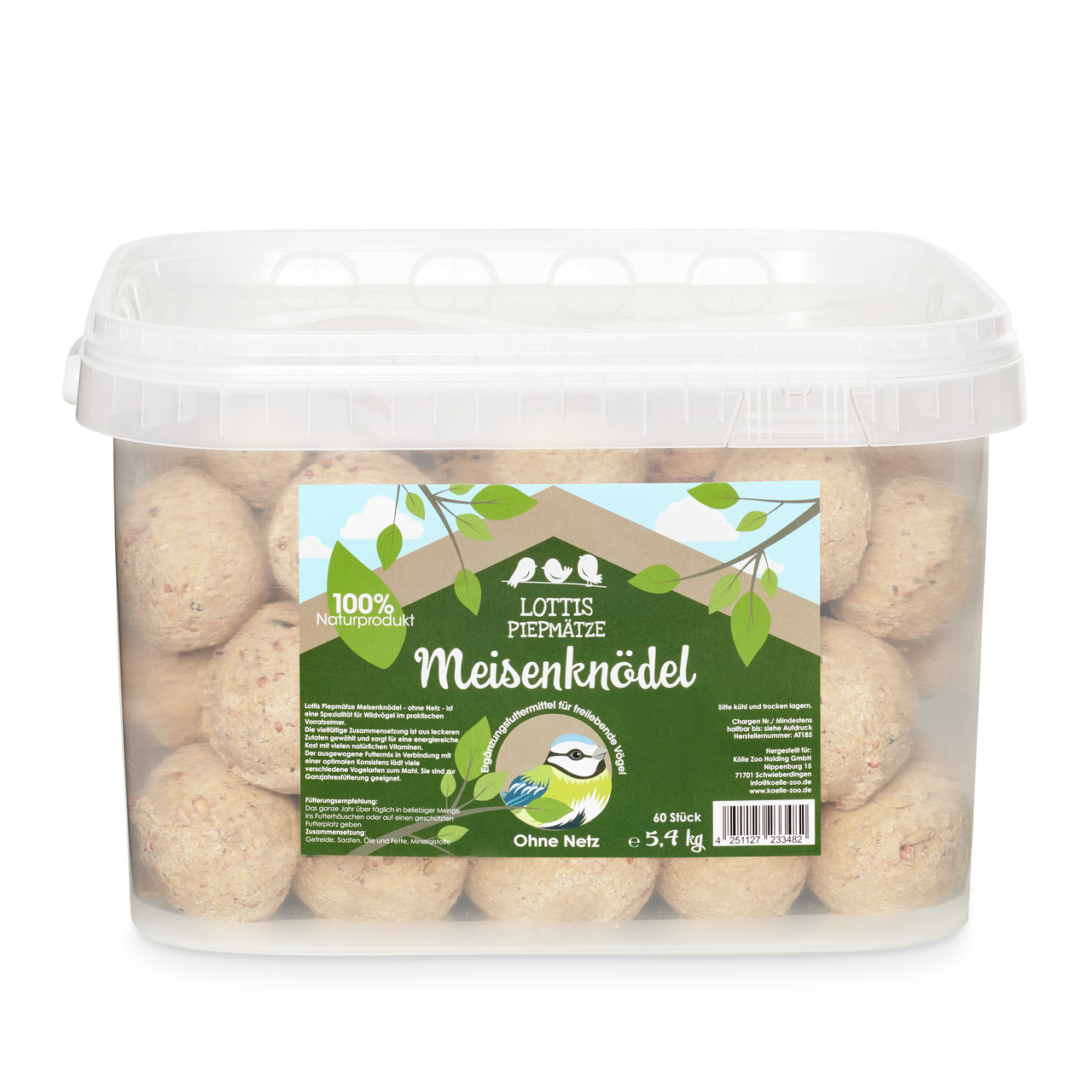 Lottis Piepmätze Meisenknödel, Wildvögel, Naturprodukt, ohne Netz, 5,4 kg, artgerechte Fütterung, 60 Stück.
