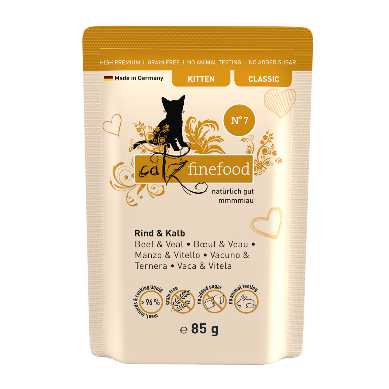 Catz finefood No. 7, Nassfutter für Kitten, Rind & Kalb, 85 g, getreidefrei, „natürlich gut“, 96 % Fleischanteil.
