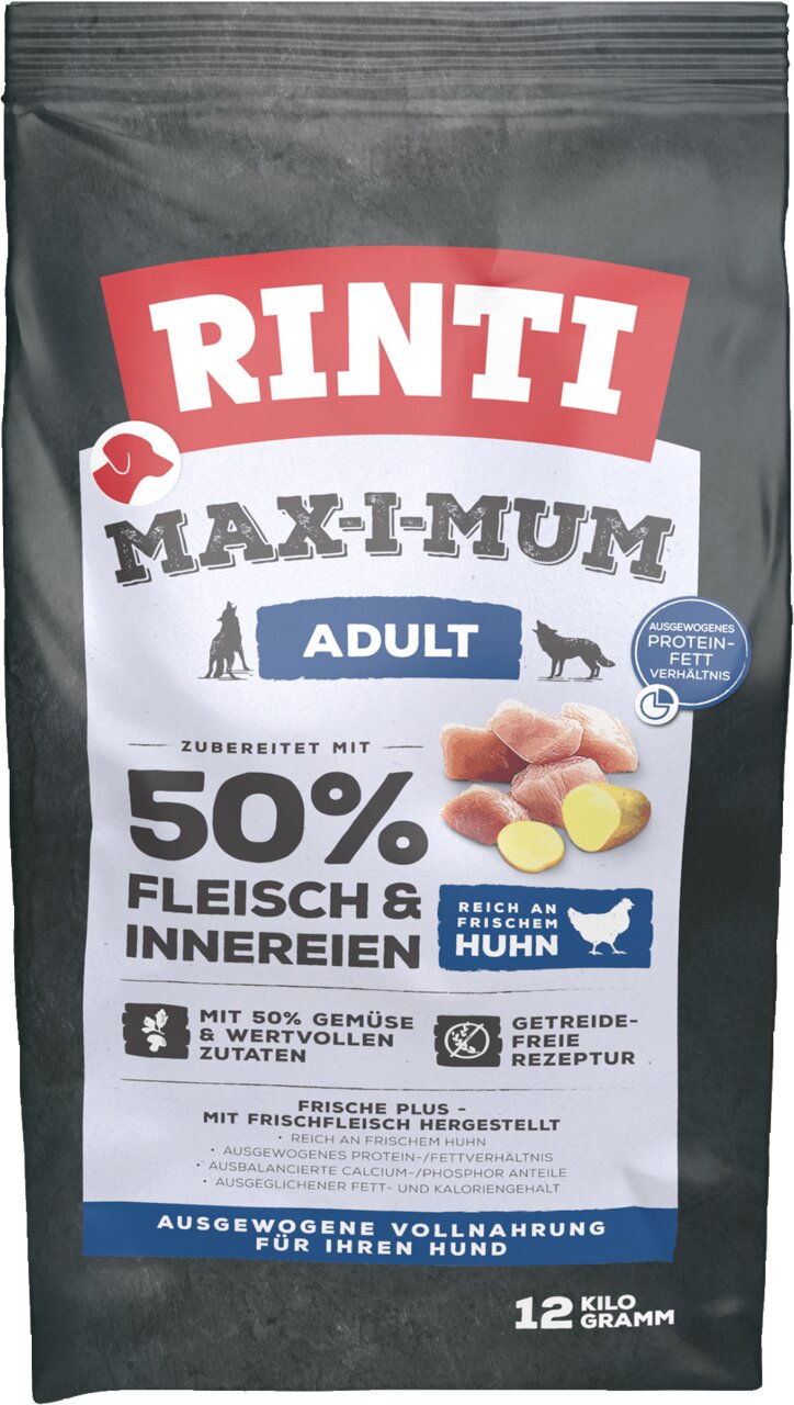 Trockenfutter RINTI MAX-I-MUM Adult für Hunde, Geschmacksrichtung Huhn, getreidefrei, 12 kg, 50 % Fleisch und Innereien.