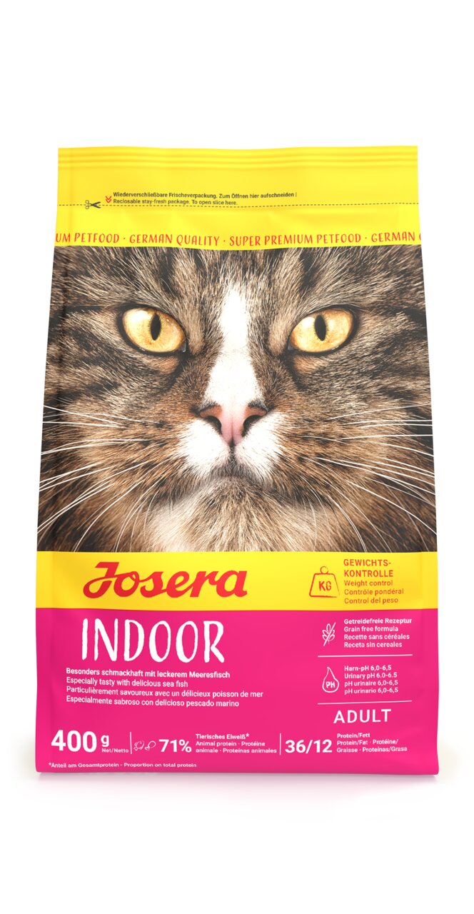 Josera Indoor Katzenfutter, Adult, Meeresfisch, für Hauskatzen, getreidefrei, 400 g, unterstützt Gewichtskontrolle und Harn pH.