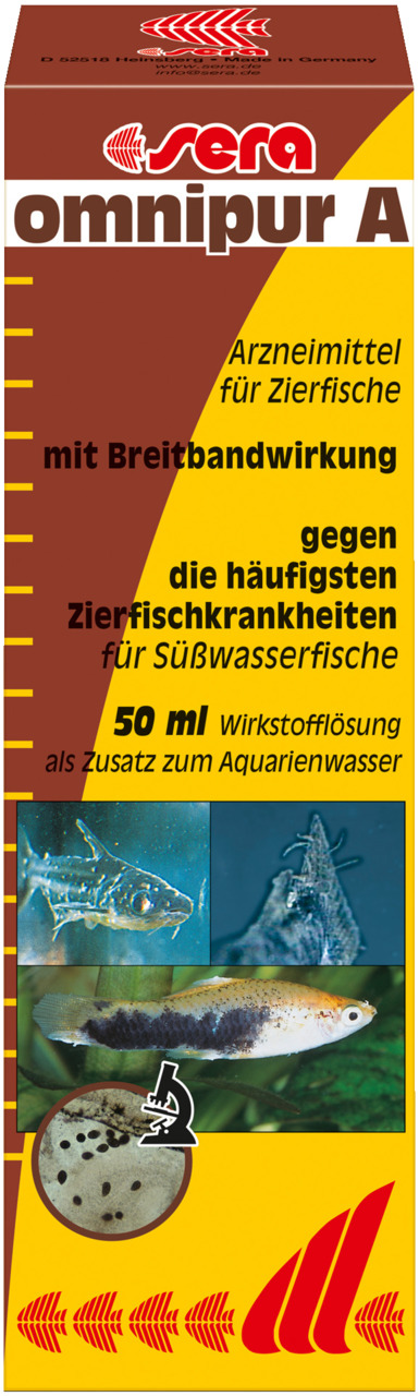 sera omnipur A, Arznei f. Zierfische, Breitbandwirkung, gg. Krankheiten, f. Süßwasserfische, 50 ml Lösung f. Aquarienwasser.