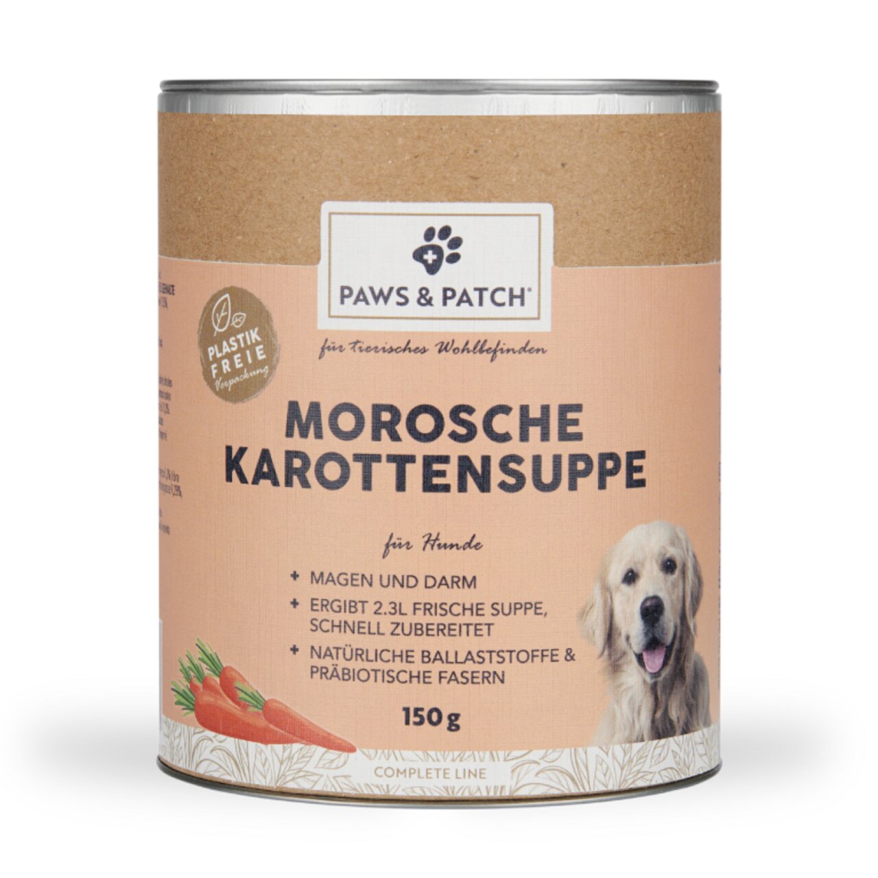 Paws & Patch Morosche Karottensuppe für Hunde, 150 g. Unterstützt Magen und Darm, mit Ballaststoffen, plastikfreie Verpackung.
