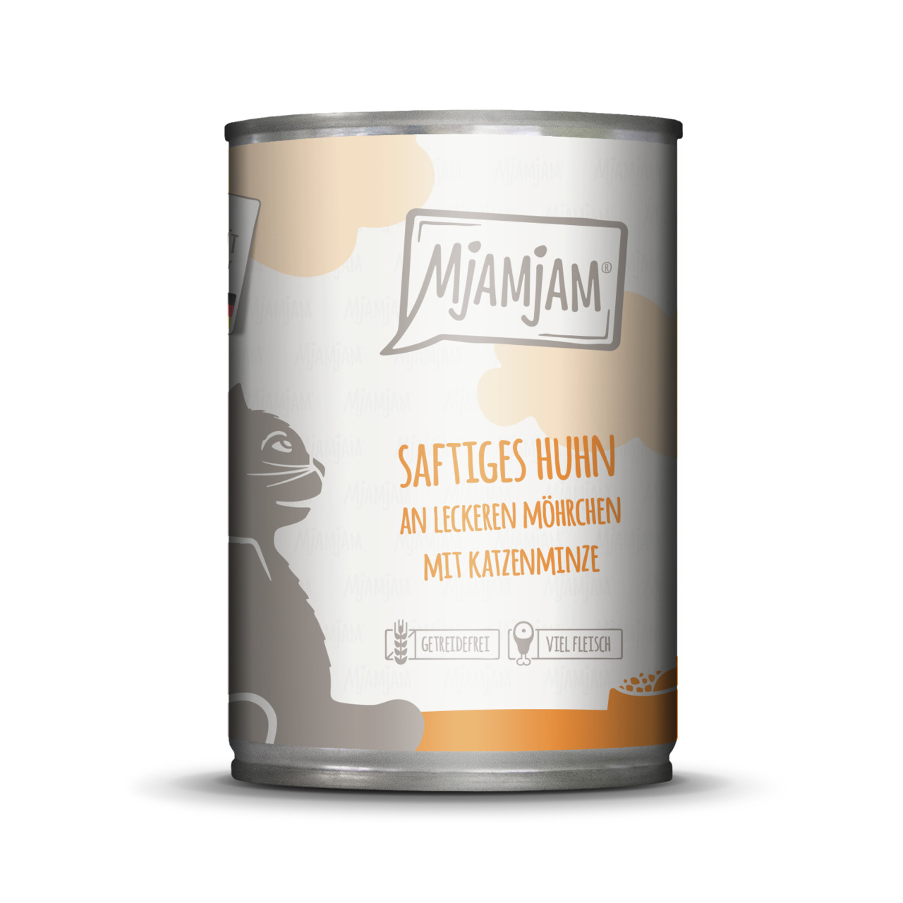 MJAMJAM Katzenfutter, Saftiges Huhn & Möhrchen mit Katzenminze, getreidefrei, viel Fleisch, 400 g.