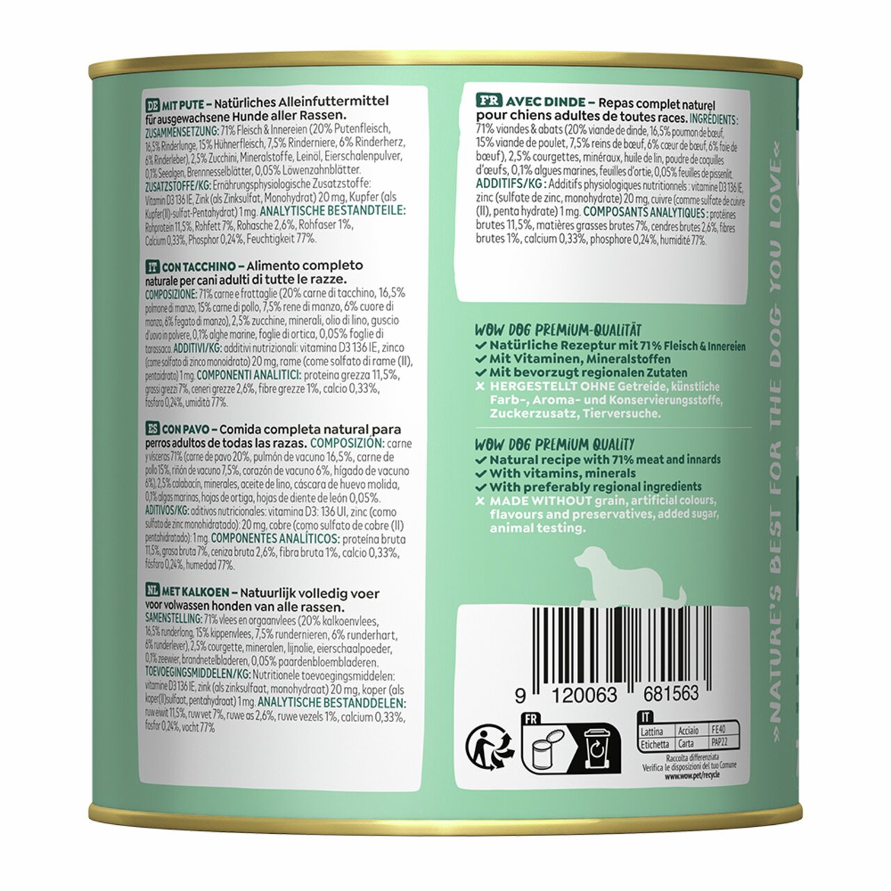 WOW DOG Hundefutter Truthahn, für ausgewachsene Hunde, 400 g, ohne Getreide, mit 71 % Fleisch, natürliche Zutaten.