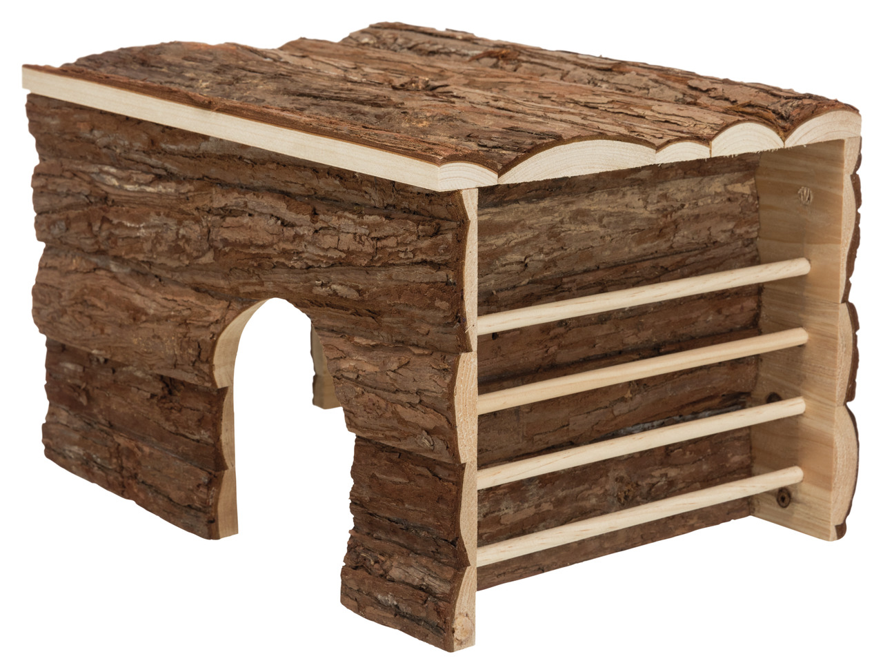 TRIXIE Naturholz-Haus, Nager (Hamster/Mäuse), unbehandelt, Rindenoptik, Türöffnung, Kletterstangen, artgerecht, Bewegung/Spiel.