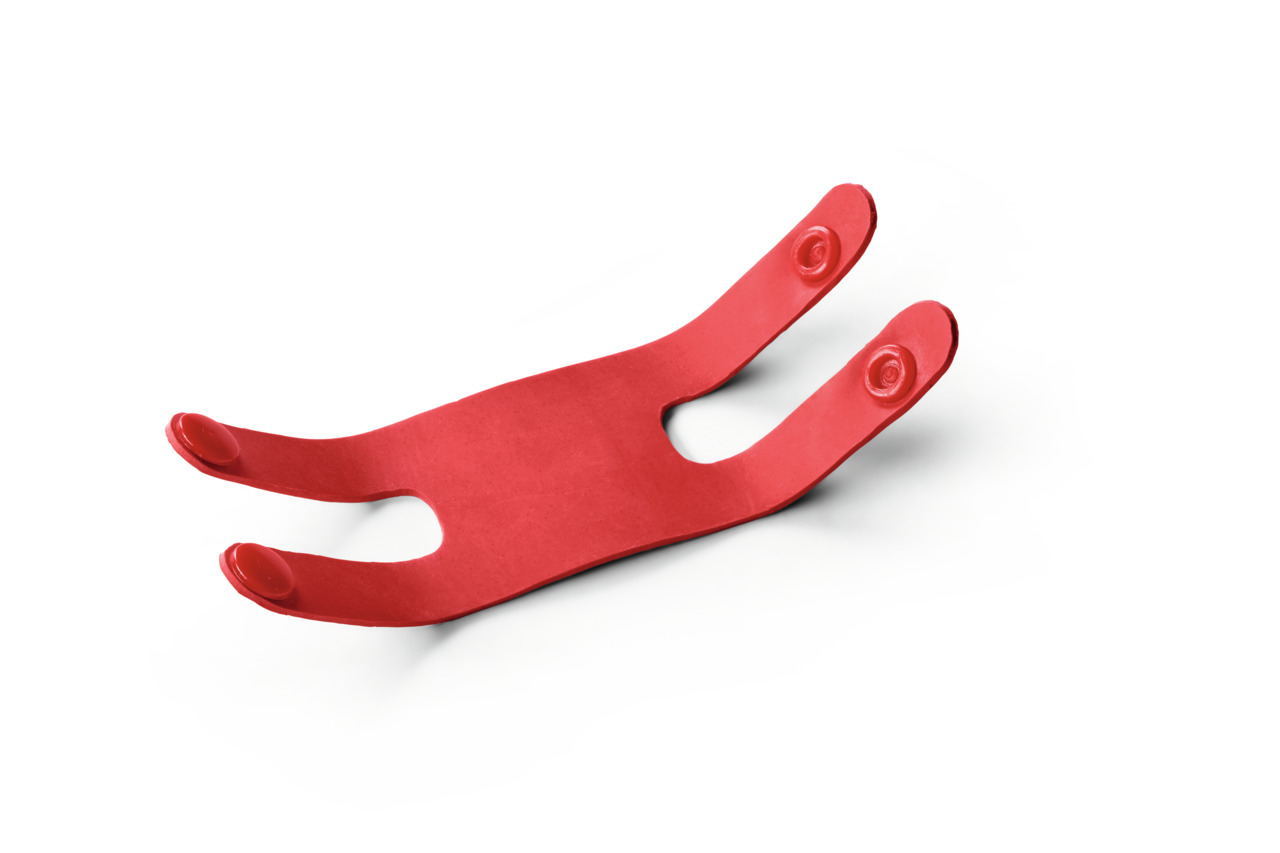 Das Bild zeigt ein rotes Hundespielzeug der Marke HUNTER, geeignet für Hunde aller Größen. Es handelt sich um ein robustes, ergonomisch geformtes Spielzeug aus flexiblem Material mit zwei gebogenen Enden, die jeweils mit runden, erhabenen Elementen verseh