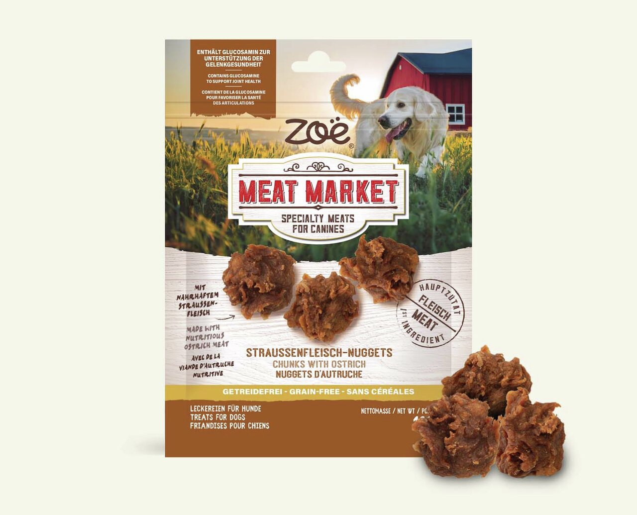 Zoë Meat Market Straußenfleisch-Nuggets für Hunde, getreidefrei, mit Glucosamin, Hauptzutat Fleisch, 85 g Packung.