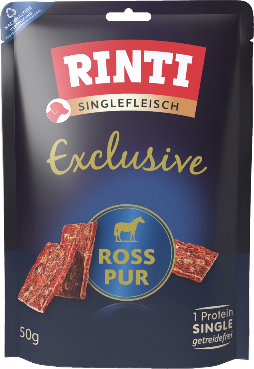RINTI Singlefleisch Exclusive Ross Pur: getreidefreies Hundefutter f. erw. Hunde, 100 % Pferdefleisch, 50 g, recycelbare Verpackung.