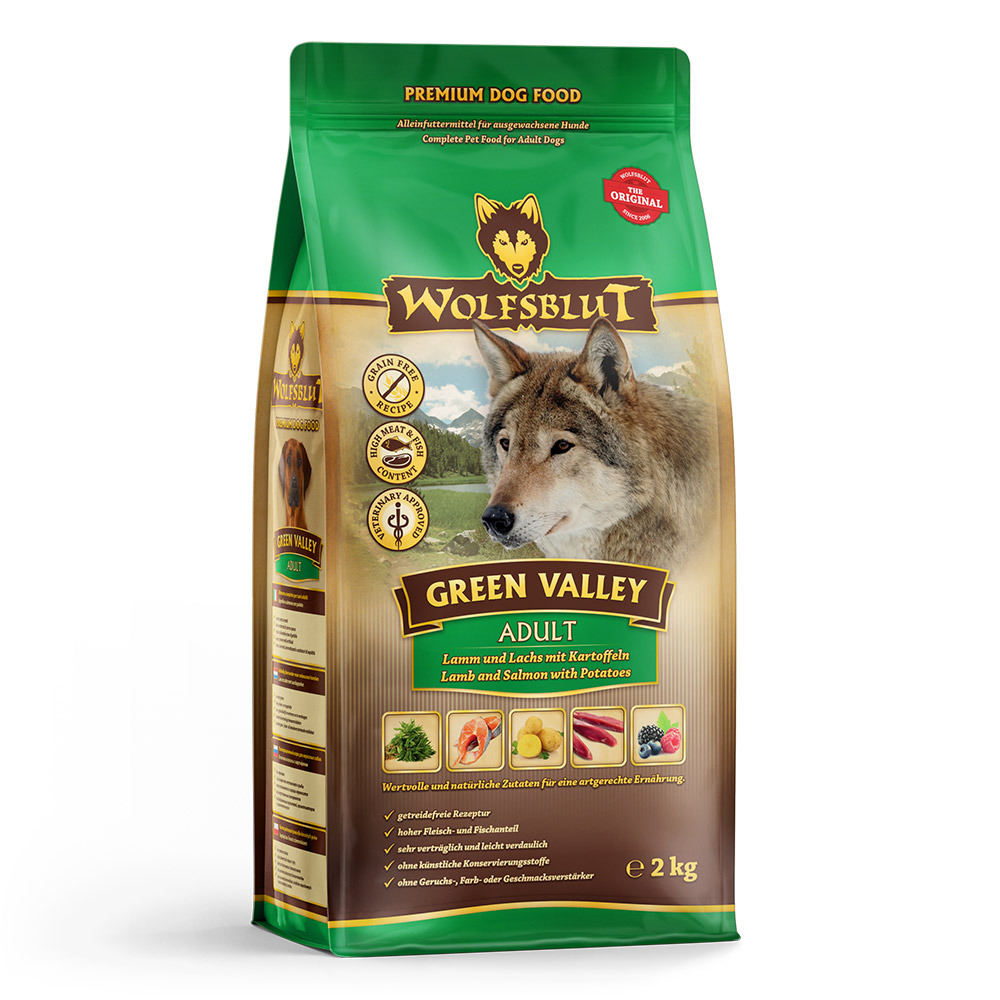 Wolfsblut Green Valley Adult: Getreidefreies Trockenfutter für erw. Hunde mit Lamm & Lachs, 2 kg, natürliche Zutaten, hohe Verträglichkeit.
