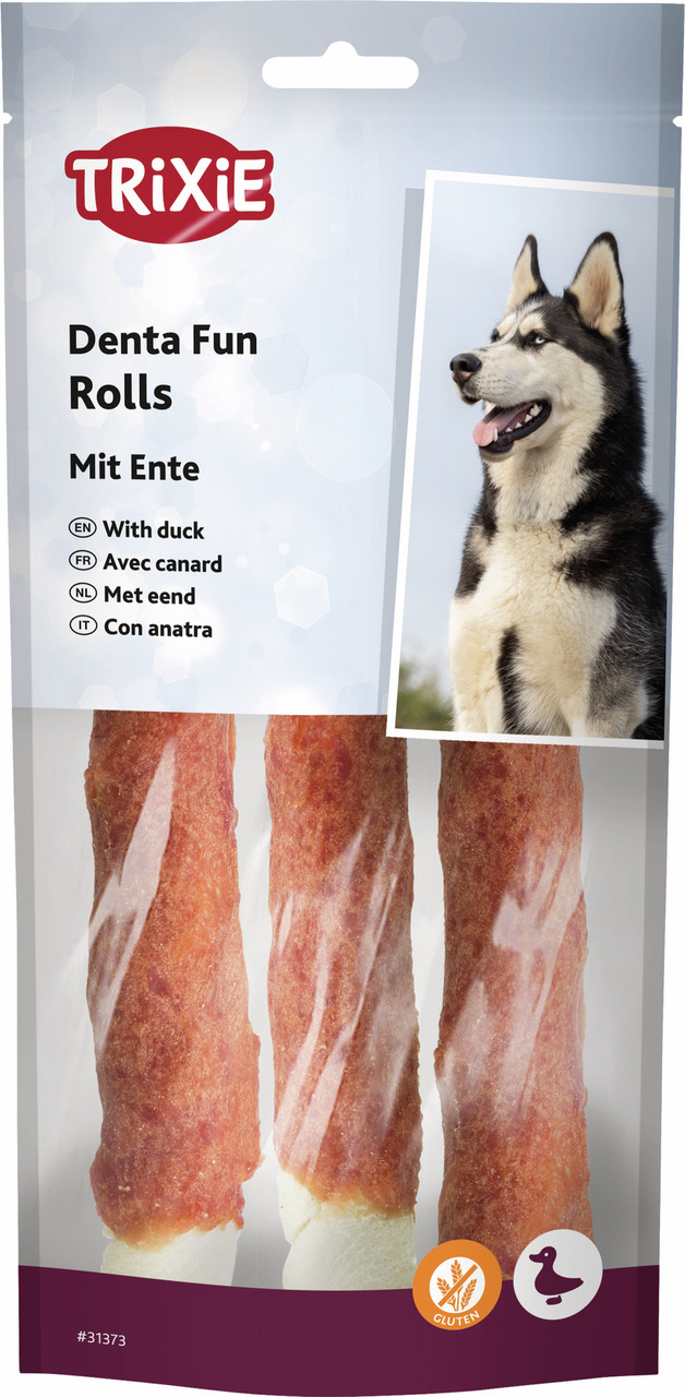 Das Bild zeigt eine Verpackung des Produkts „TRIXIE Denta Fun Rolls mit Ente“. Es handelt sich um Kaustangen für Hunde, umhüllt mit Entenfleisch. Die Zielgruppe sind Hunde. Die Verpackung enthält drei Kaustangen, ist glutenfrei und zeigt einen Husky. EAN: