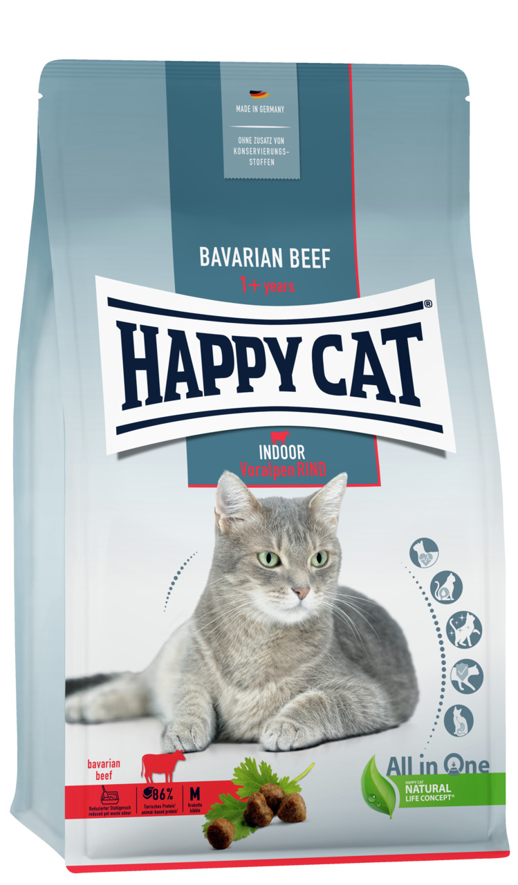 Sparpaket HAPPY CAT Supreme Indoor Adult Voralpen-Rind 2 x 4 kg Katzentrockenfutter