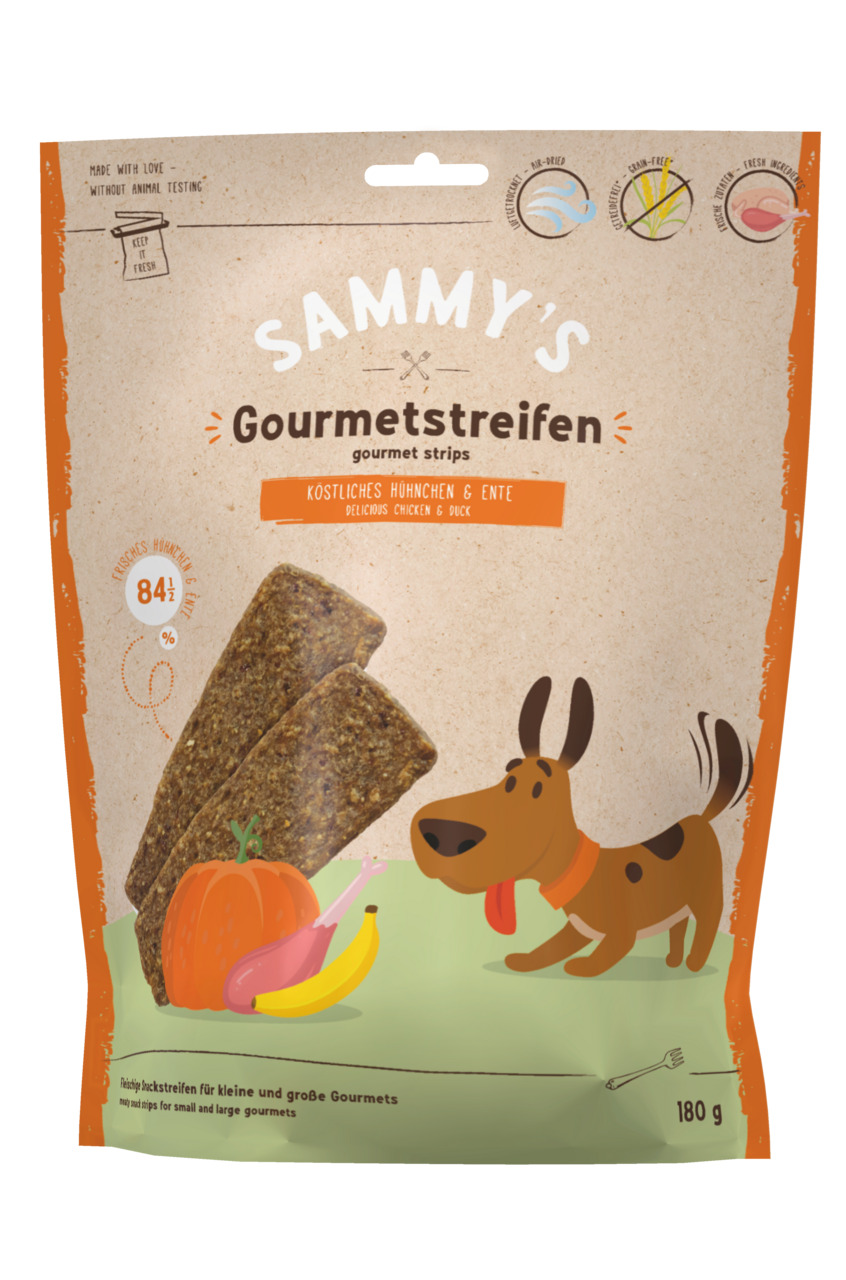 Das Bild zeigt eine Verpackung von SAMMY's Gourmetstreifen, einem Premium-Hundesnack für kleine und große Hunde. Die Geschmacksrichtung ist Huhn und Ente, mit einem Fleischanteil von 84 %. Die Verpackung enthält 180 g und zeigt eine Illustration eines Hun