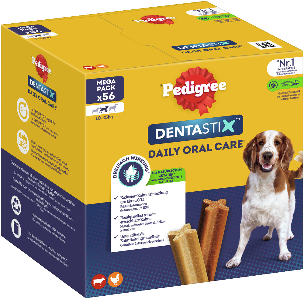 Pedigree Dentastix Daily Oral Care, Mega Pack 56 Stk., für Hunde 10–25 kg, 3-fach Wirkung: Zahnstein, Zahnreinigung, Zahnfleisch.