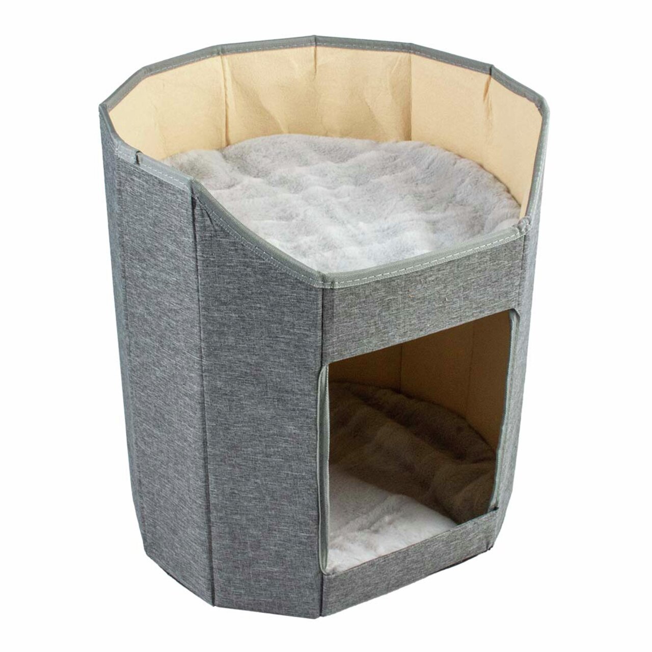 Graues, achteckiges Katzenspielhaus von duvoplus mit weichen Kissen. Geeignet für Katzen. Komfortables Design für Spiel und Ruhe.
