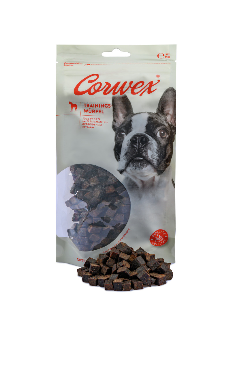 Corwex Trainings-Würfel für Hunde, 100 % Pferd, 250 g, getreidefrei, fettarm, hoher Fleischanteil, Würfel sichtbar.