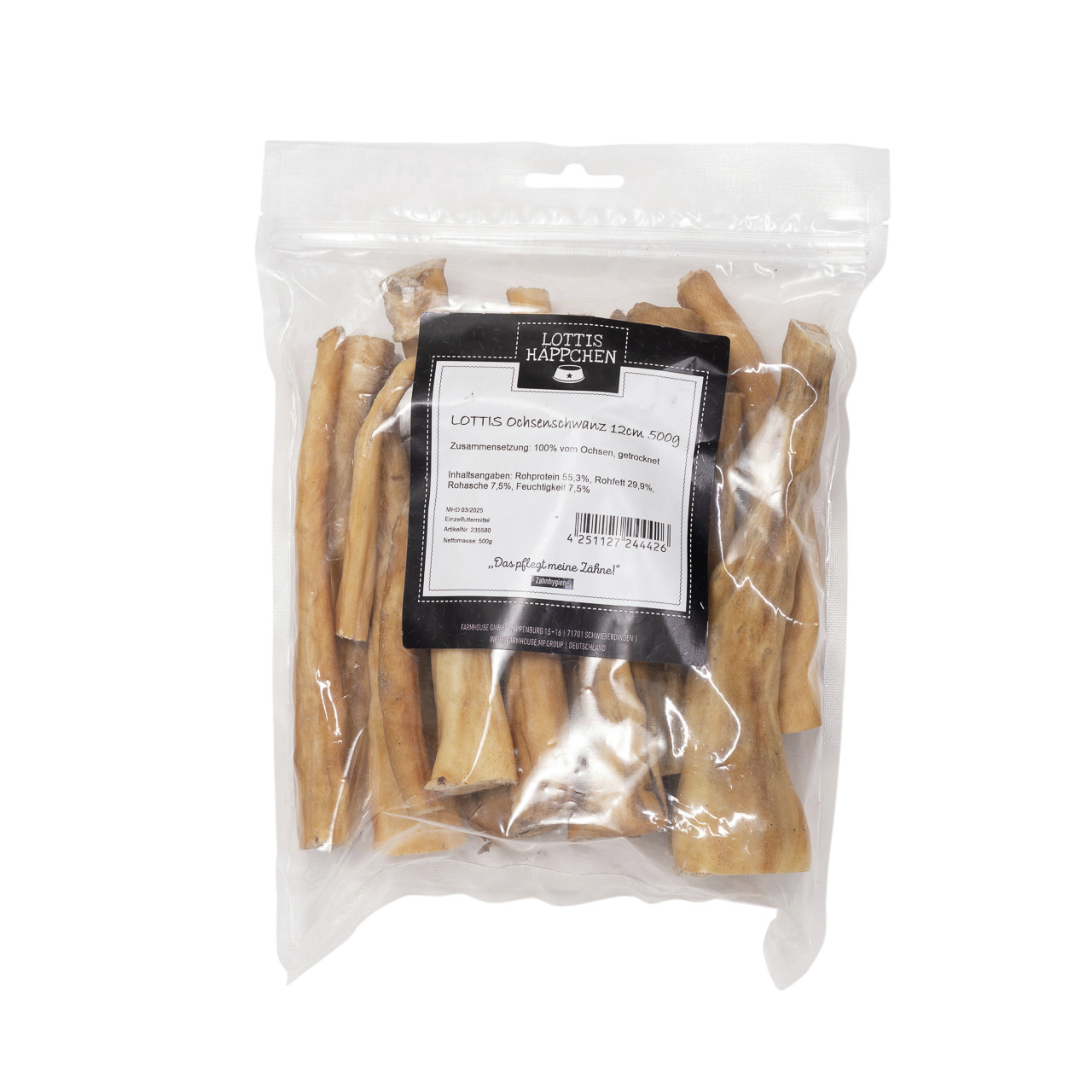 Das Bild zeigt eine transparente Verpackung mit dem Produkt „LOTTIS HÄPPCHEN Ochsenschwanz 12 cm, 500 g“. Es handelt sich um einen natürlichen Kausnack für Hunde. Die Zielgruppe sind Hundehalter, die Wert auf Zahnpflege legen. Die Verpackung enthält 100 %