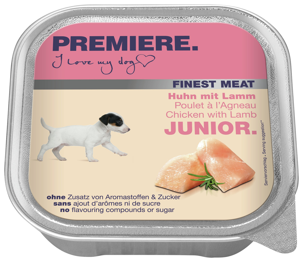 PREMIERE Finest Meat Junior, Welpen, Huhn & Lamm, 150 g, ohne Aromastoffe-Zuckerzusätze, frisches Fleisch, Welpe auf Verpackung.