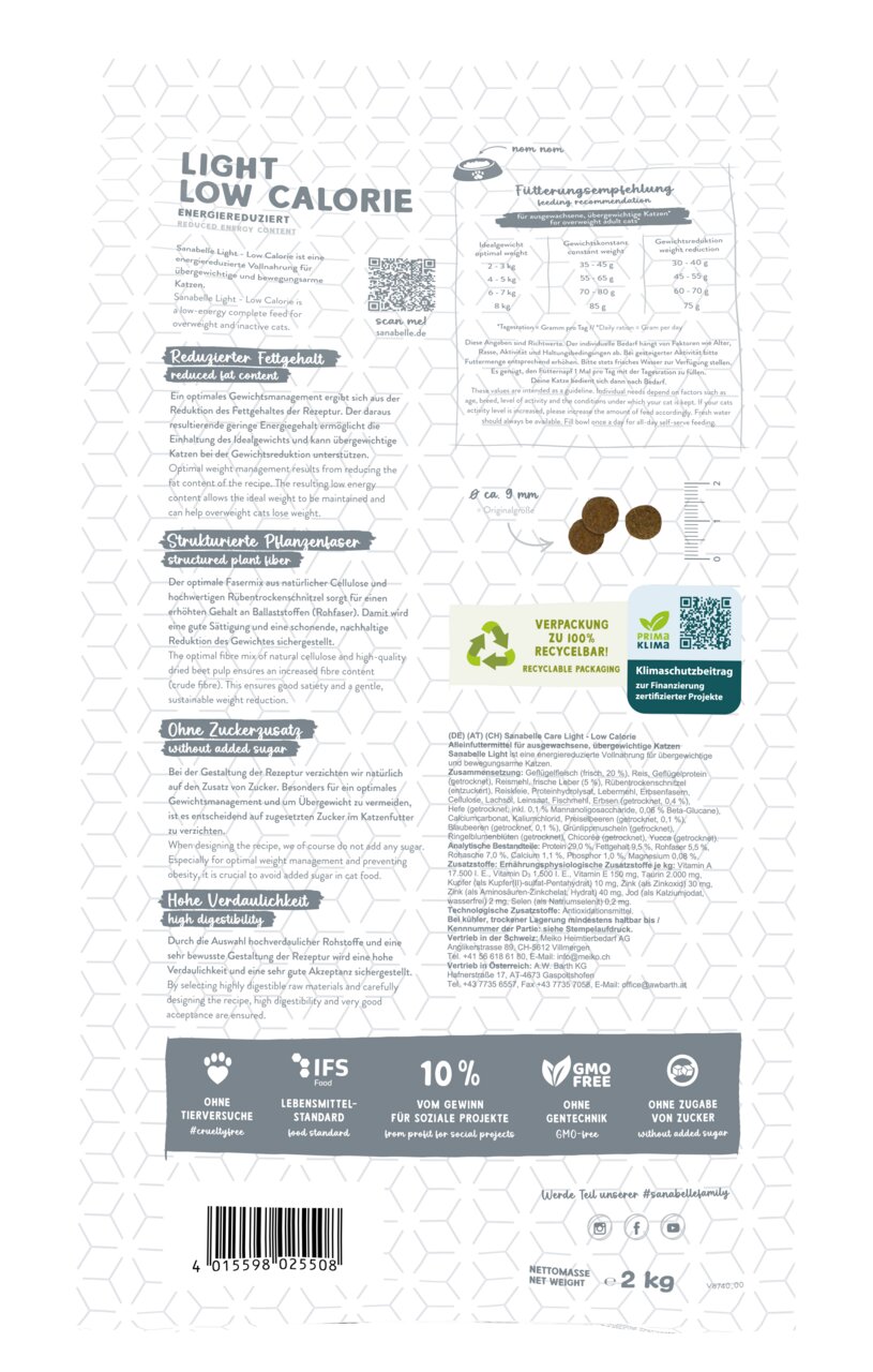 Sanabelle „Sanabelle Light Low Calorie“, Trockenfutter für ausgewachsene Katzen mit Übergewicht, 2 kg, energiereduziert, recycelbar.