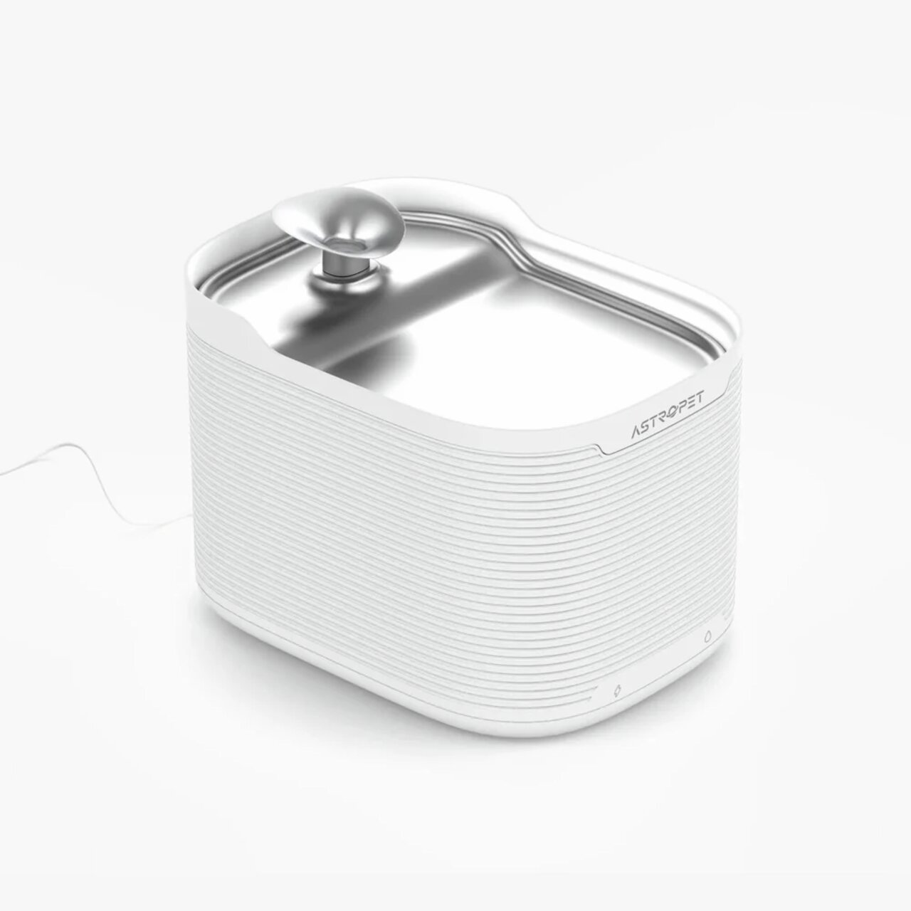 Trinkbrunnen für Haustiere von Astropet aus Edelstahl, ideal für Katzen und Hunde, mit elegantem Design, hygienisch und leicht zu reinigen.