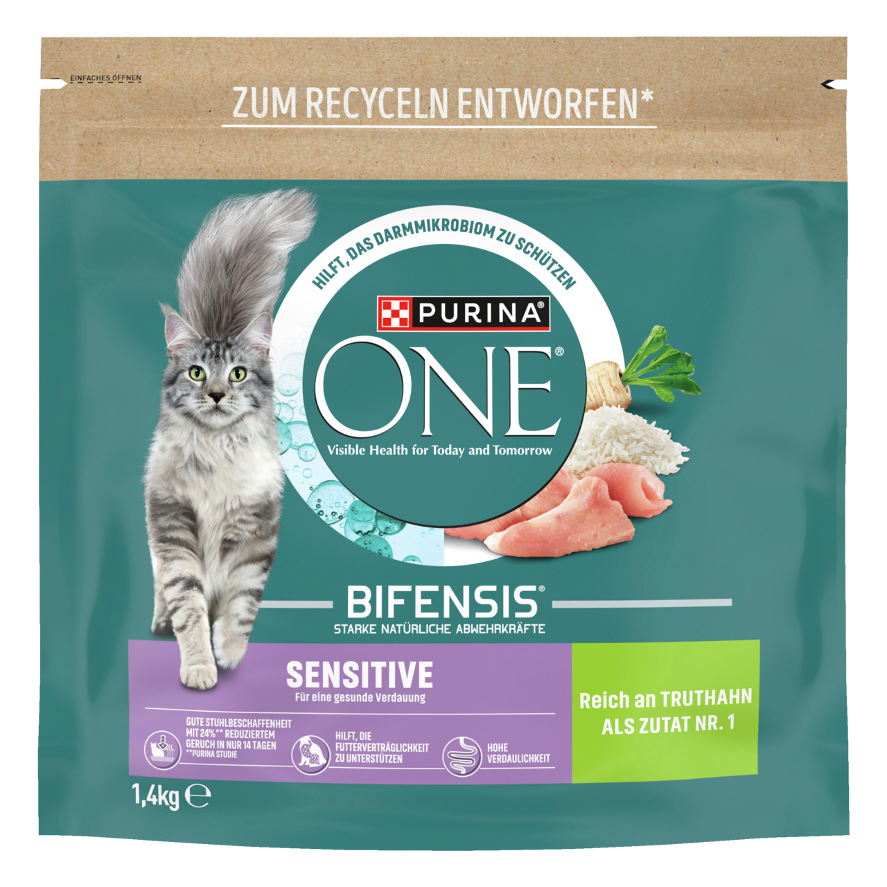 Purina ONE Bifensis Sensitive Katzenfutter, Truthahn, für empfindl. Verdauung, 1,4 kg, hohe Verdaulichkeit, Darmgesundheit, weniger Geruch