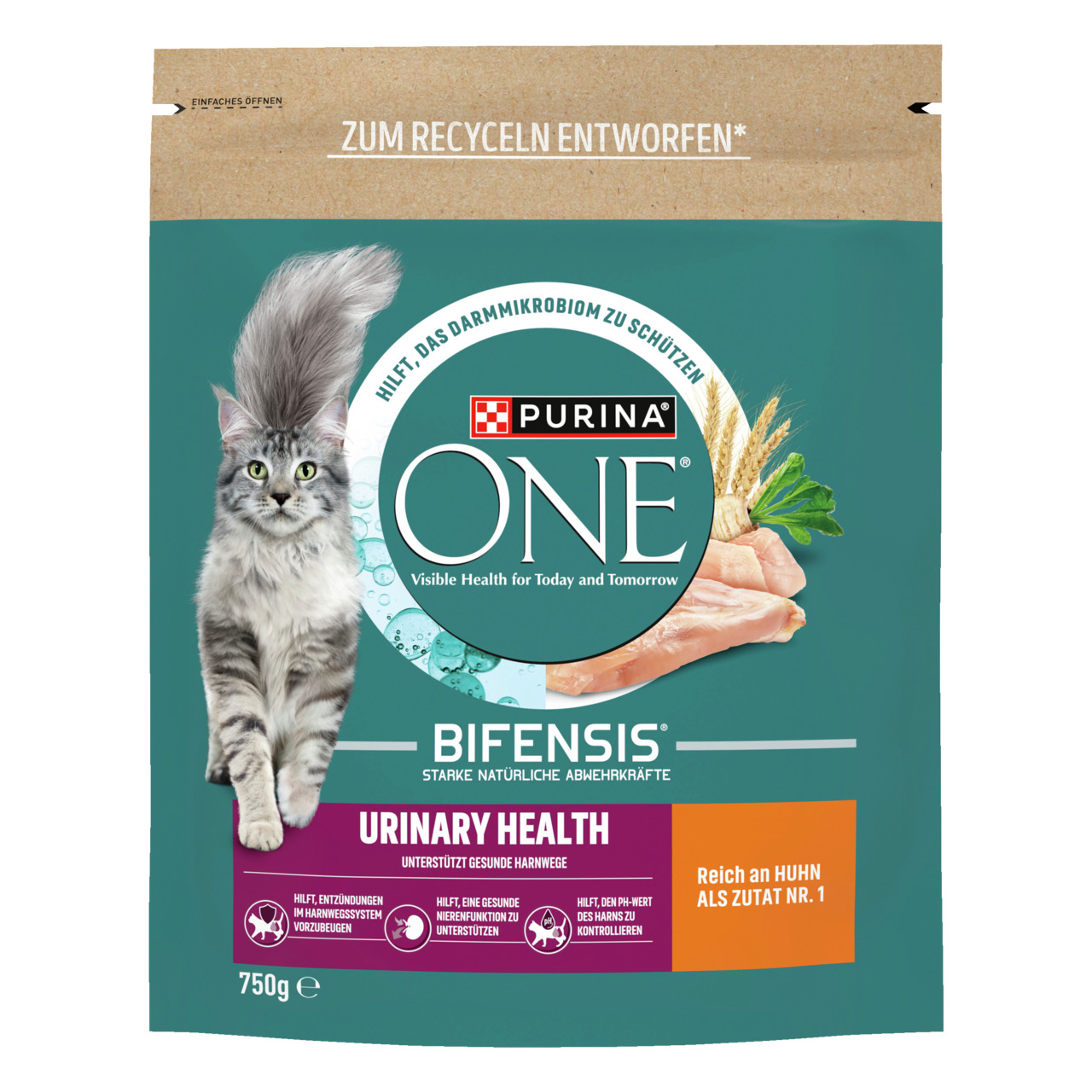 Purina ONE Bifensis Urinary Health, 750 g, für ausgewachsene Katzen, Huhn, unterstützt gesunde Harnwege, recycelbare Verpackung.