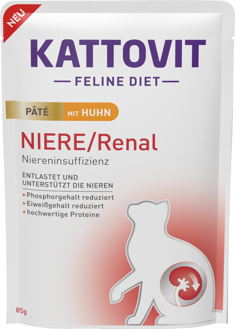Kattovit Feline Diet Niere/Renal, Pâté mit Huhn, für Katzen mit Niereninsuffizienz, 85 g, reduzierter Phosphor- & Eiweißgehalt.