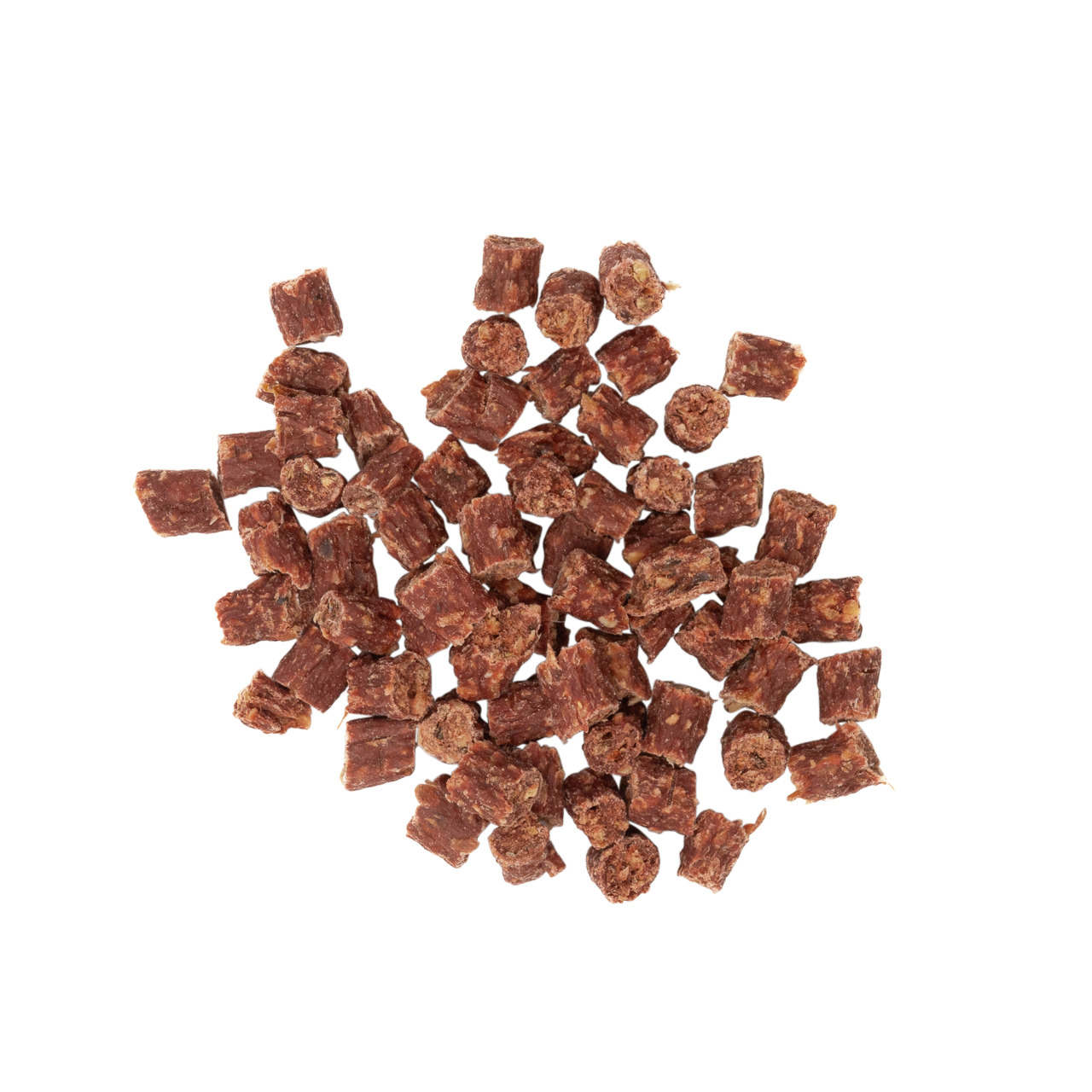 Alt-Text: Das Bild zeigt LOTTIS HÄPPCHEN, einen hochwertigen Hundesnack für ausgewachsene Hunde. Die kleinen, braunen Fleischwürfel sind ideal als Belohnung oder Trainingssnack geeignet. Die Geschmacksrichtung ist Rind. Die Verpackungsmenge ist auf dem Bi