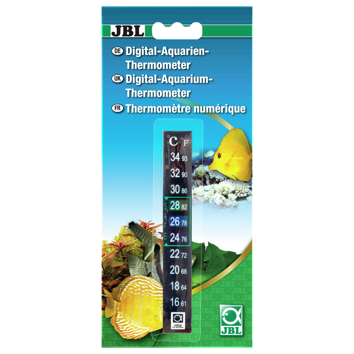 JBL Digital-Aquarien-Thermometer, für Aquarienbesitzer, präzise Messung in °C-°F, farbiges Design, EAN: 4014162614063.