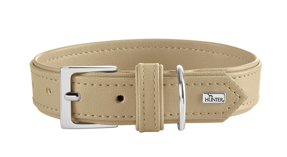 HUNTER Hundehalsband, Kunstleder, beige, Silber-Schnalle & D-Ring, für alle Hunde, elegant & bequem, ideal täglich, EAN: 4099902051124.
