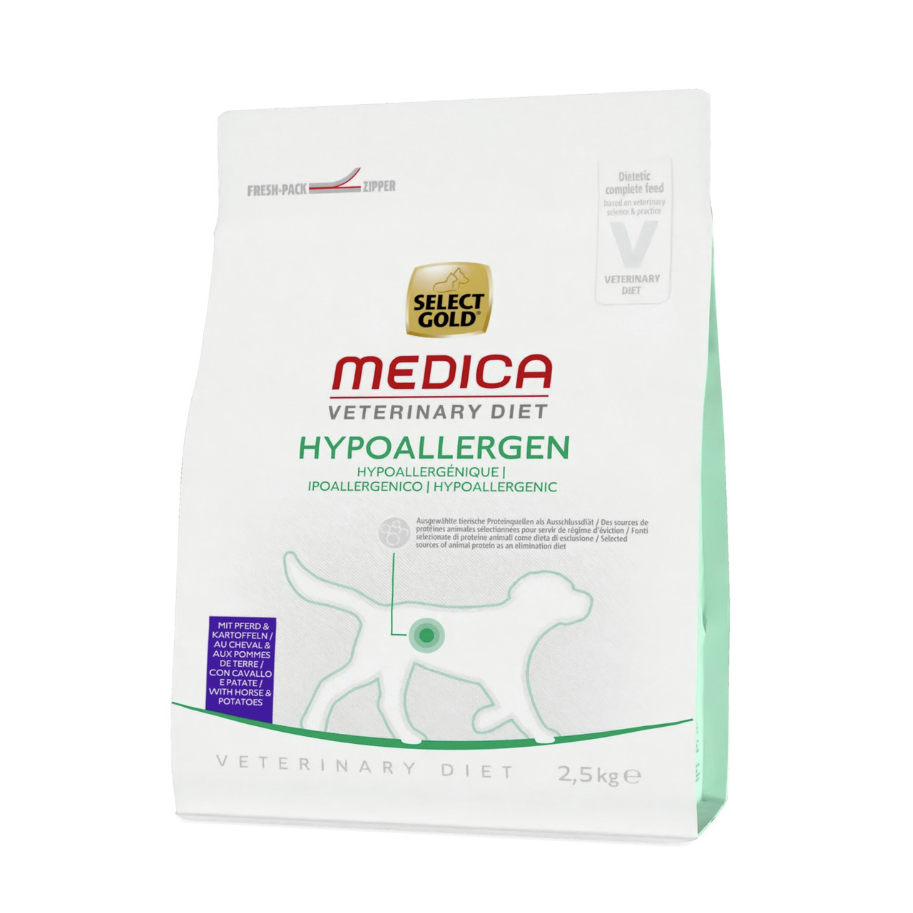 Das Bild zeigt eine 2,5-kg-Packung des Hundefutters „Select Gold Medica Veterinary Diet Hypoallergen“. Dieses hypoallergene Spezialfutter ist für Hunde mit Futtermittelunverträglichkeiten geeignet. Es enthält Pferd und Kartoffeln als ausgewählte Protein- 