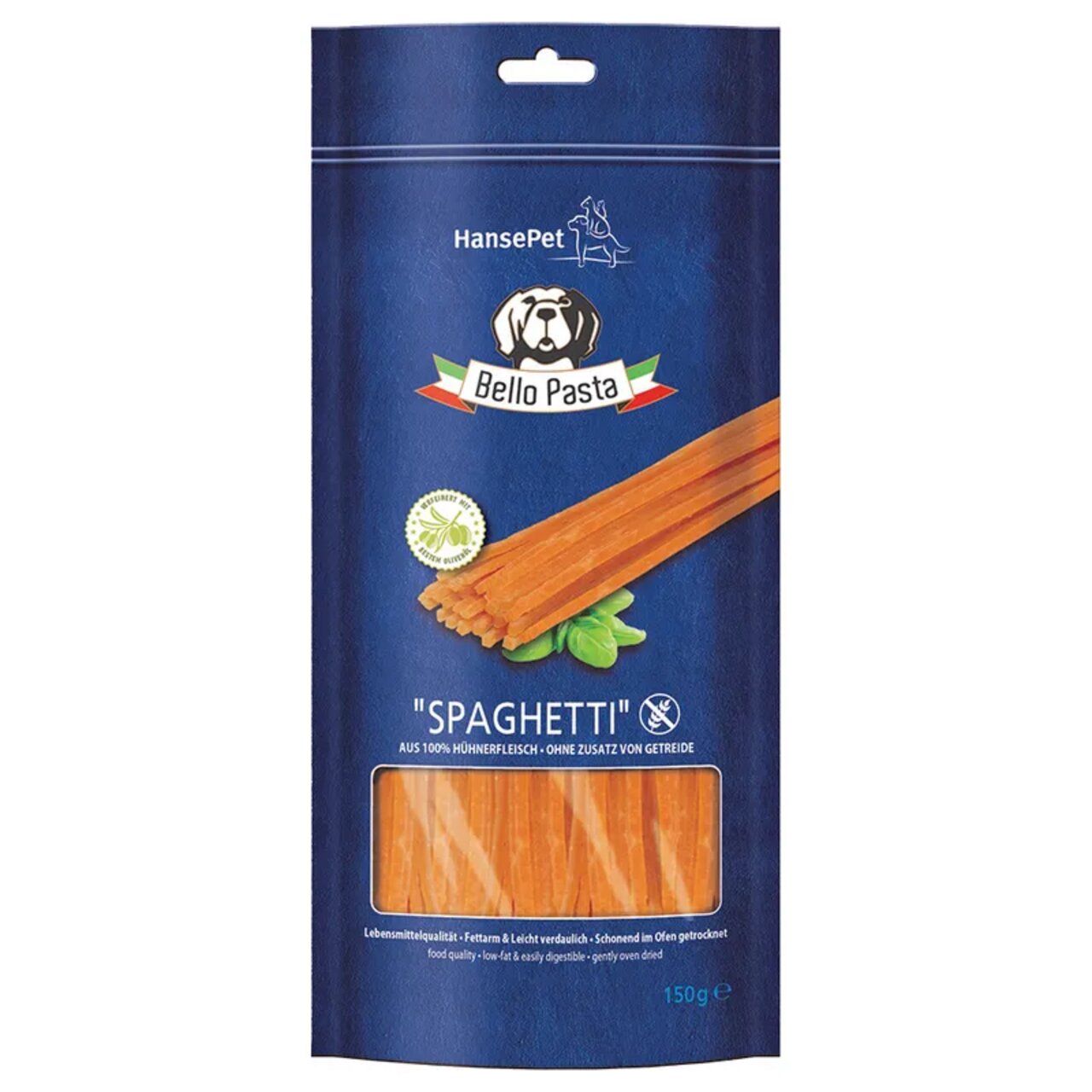 HansePet Bello Pasta Spaghetti, Hundesnack aus Hühnchen, getreidefrei, leicht verdaulich, 150 g.