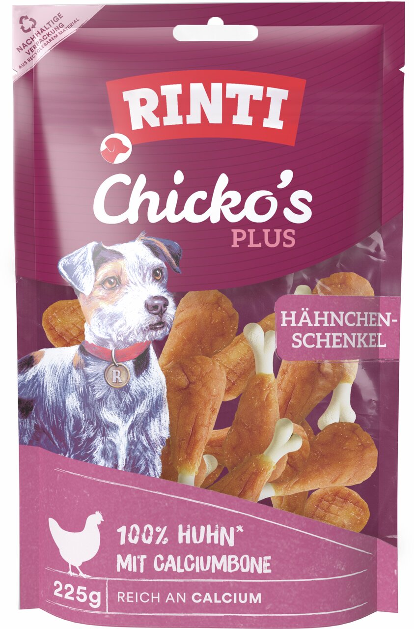 RINTI Chicko's Plus, Hundesnack aus 100% Huhn mit Calcium, Geschmacksrichtung: Hähnchenschenkel, 225g, reich an Calcium.
