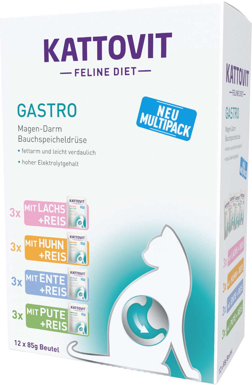 Kattovit Feline Diet Gastro, Katzen, Magen-Darm, Lachs+Reis, Huhn+Reis, Ente+Reis, Pute+Reis, fettarm, 12x85g, leicht verdaulich.