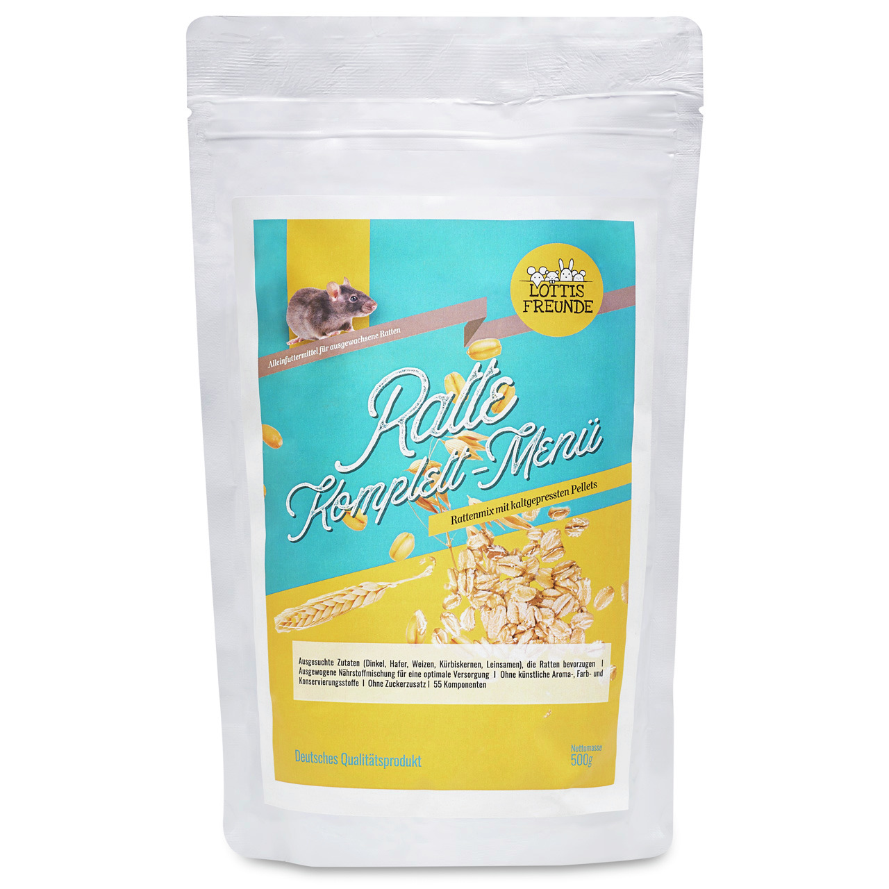Das Bild zeigt eine weiße Verpackung des Produkts „Ratte Komplett-Menü“ der Marke LOTTIS FREUNDE. Es handelt sich um ein hochwertiges Alleinfuttermittel für Ratten. Die Verpackung enthält 500 g einer Mischung aus kaltgepressten Pellets und natürlichen Zut