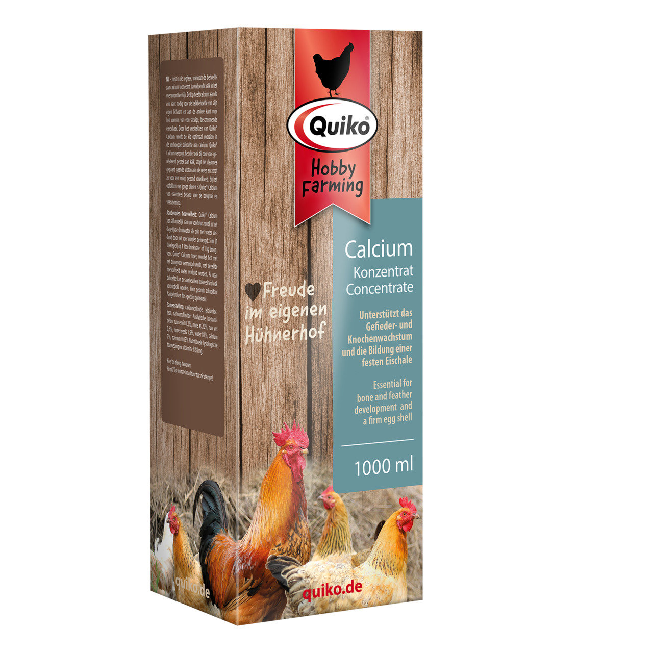 Das Bild zeigt das Produkt "Quiko Hobby Farming Calcium Konzentrat" in einer 1000-ml-Verpackung. Es richtet sich an Hühnerhalter und unterstützt das Gefieder- und Knochenwachstum sowie die Bildung einer festen Eischale. Die Verpackung zeigt Hühner vor ein