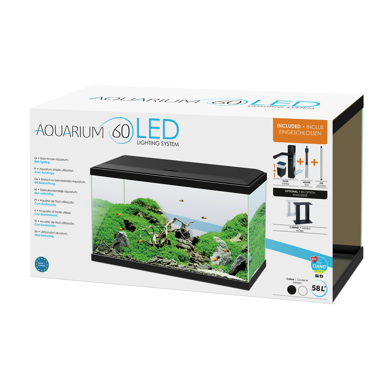Ciano Aquarium 60 LED, 58L, für Aquaristik-Fans, mit LED-Beleuchtung & Filter, ideal für bepflanzte Unterwasserlandschaften mit Fischen.