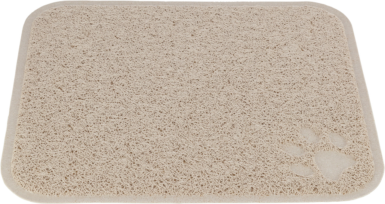 Beige Katzenstreumatte von TRIXIE, ideal für Katzenbesitzer. Die Matte besteht aus flexiblem Kunststoffgeflecht, das Streu auffängt und die Umgebung sauber hält. Geeignet für alle Katzentoiletten. Mit dekorativem Pfotenabdruck in der Ecke. Maße: ca. 40 x 