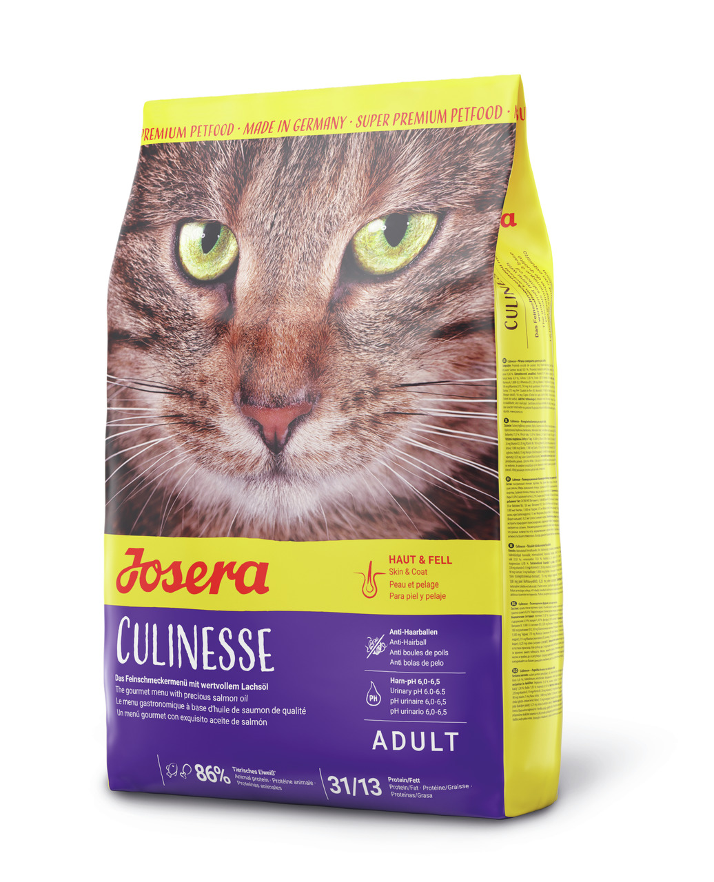 Josera Culinesse Katzenfutter Adult, Lachsöl, 86 % tierisches Eiweiß, 31-13, Anti-Haarballen, Haut-Fell, optimaler Harn-pH, gelb-lila.