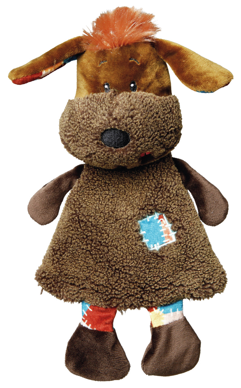 Das Bild zeigt das Hundespielzeug „TRIXIE Patchwork Hund“ der Marke TRIXIE, geeignet für Hunde aller Größen. Es besteht aus weichem Plüsch in Braun mit bunten Patchwork-Details und hat eine Größe von ca. 30 cm. Das Spielzeug ist ideal zum Kuscheln und Spi